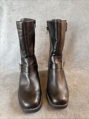 Kenneth Cole Reaction Women’s Black Faux Leather Mid-Calf Buckle Boots